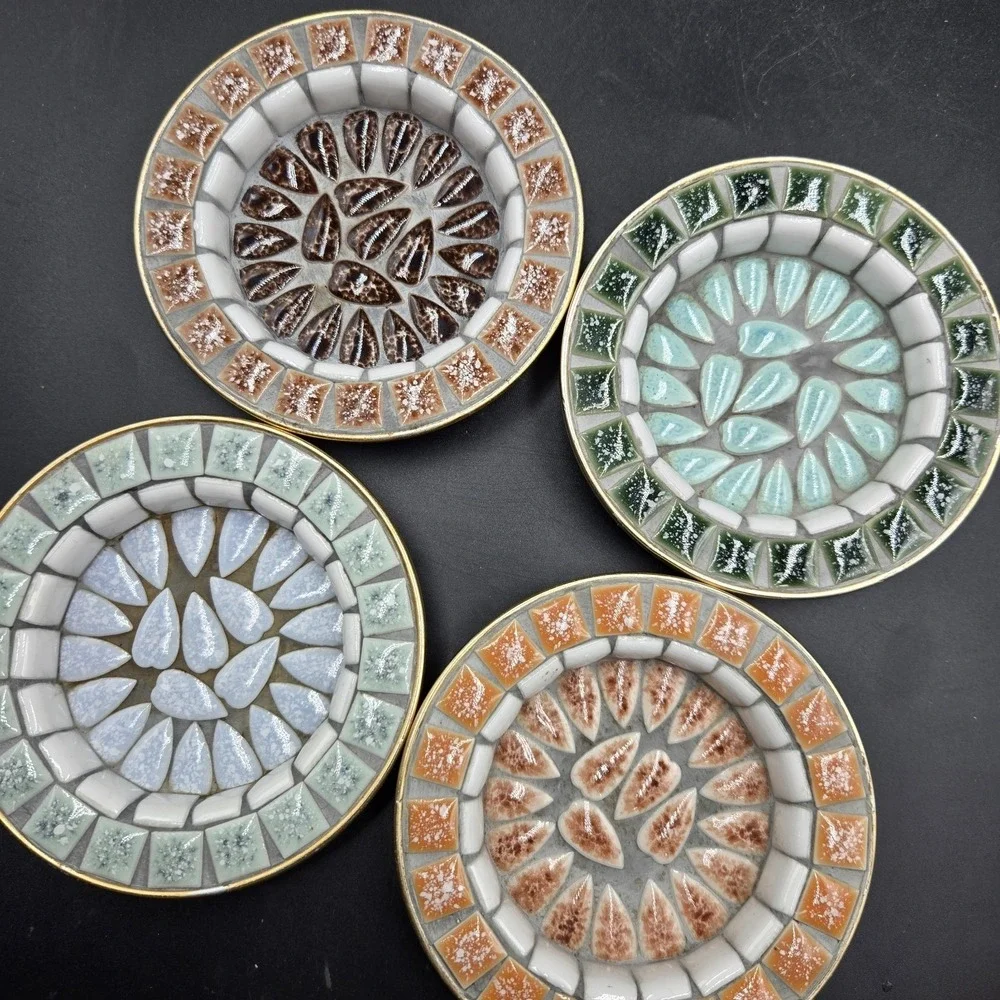 Vtg 4 Piece Mid-Century Modern Mosaic Tile Coaster Dish Hand Crafted Japan